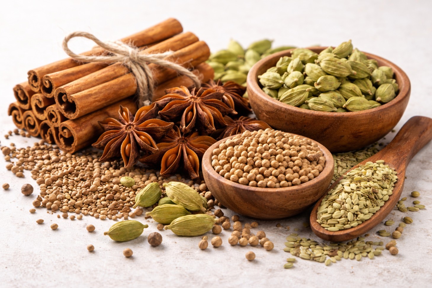 KOŘENY A SEMENA - celé koření plné vůně a chuti – skořice, badyán, koriandr, fenykl a další aromatické suroviny.