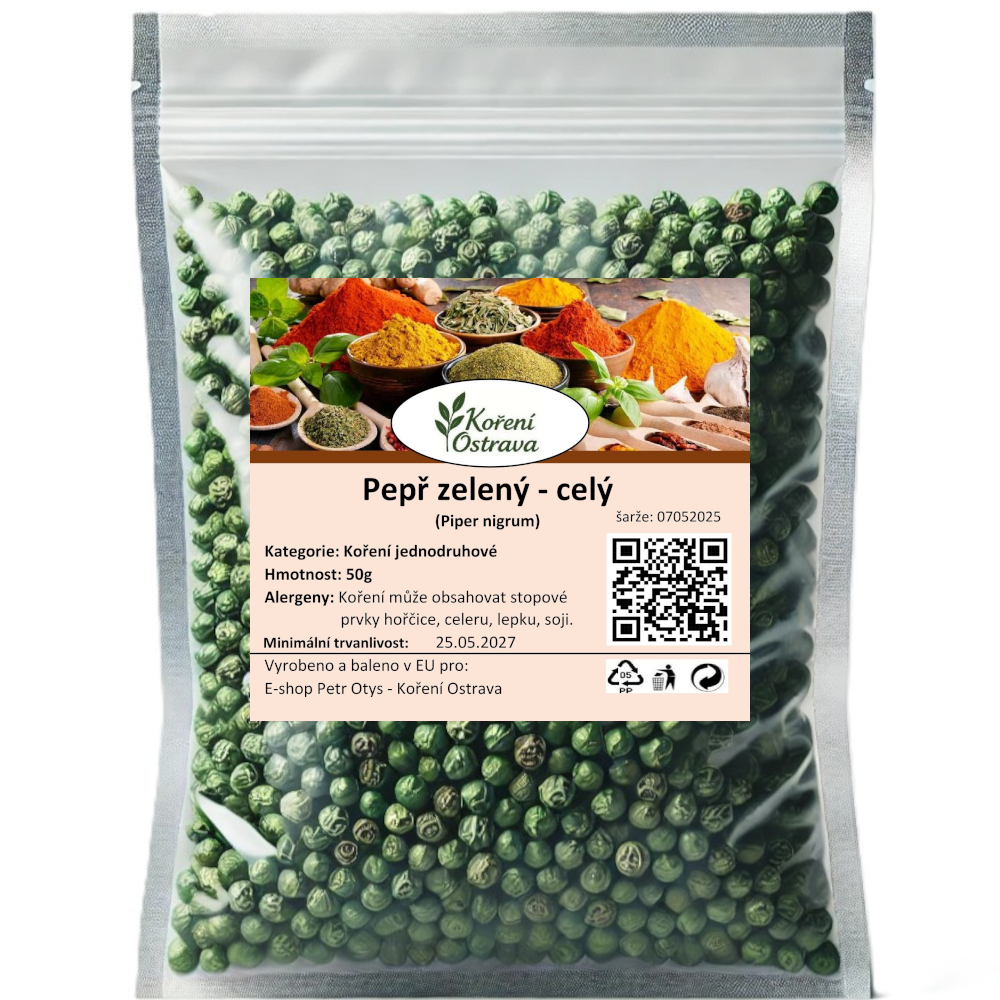 Pepř zelený celý - – jemnější než černý pepř, ideální do smetanových omáček, steakových omáček nebo k vepřovému masu.