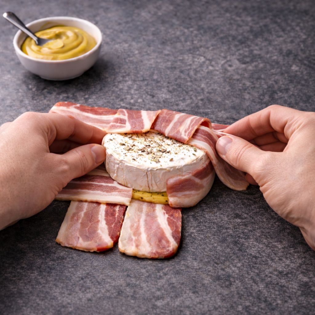 Plátky angl. slaniny postupně přetáhněte přes hermelín.