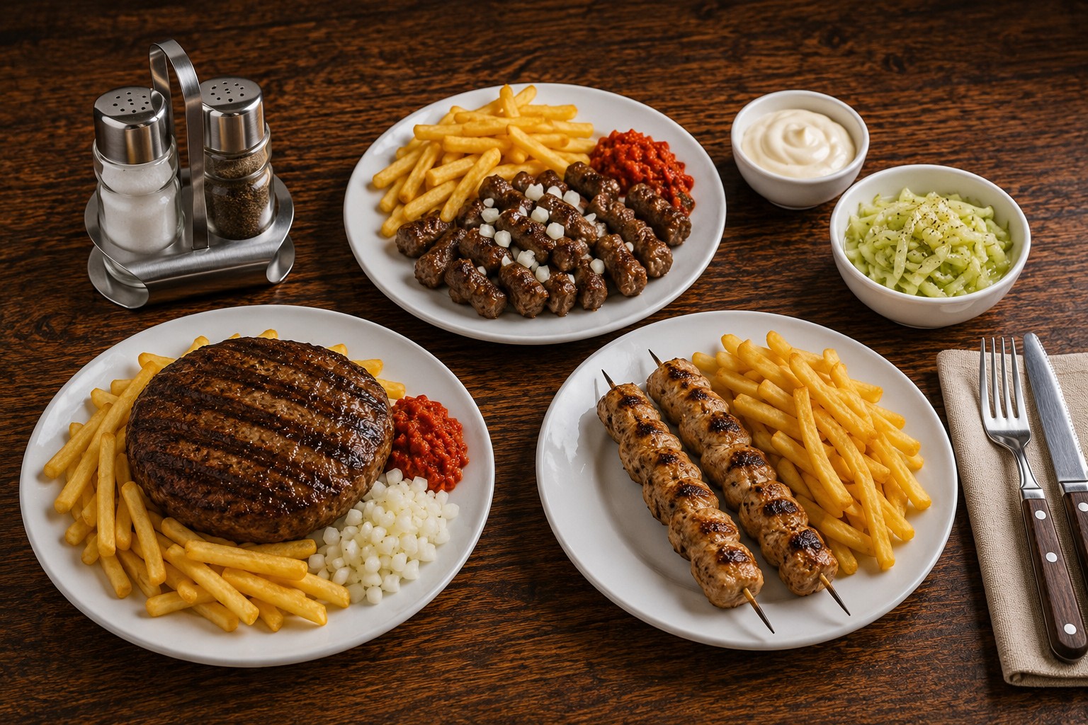 Oblíbená jídla z chorvatských restaurací – pljeskavica, čevapi, šiš čevap a další balkánské speciality.