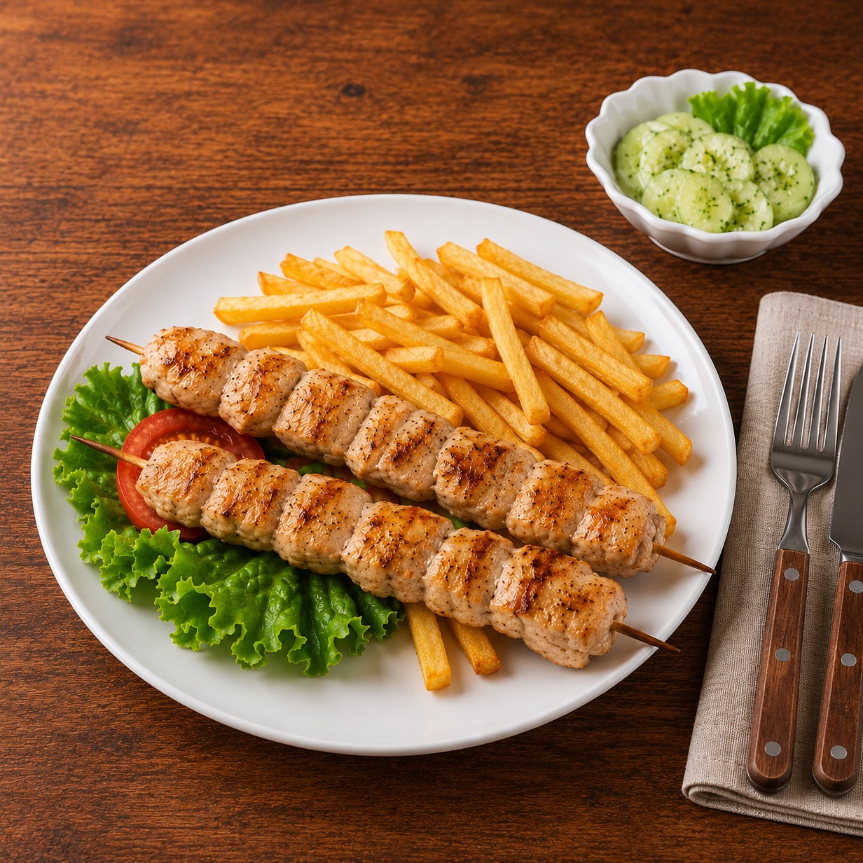 Kuřecí ražniči (Ražnjići) podávané s hranolkami a okurkovým salátem na talíři v chorvatské restauraci.