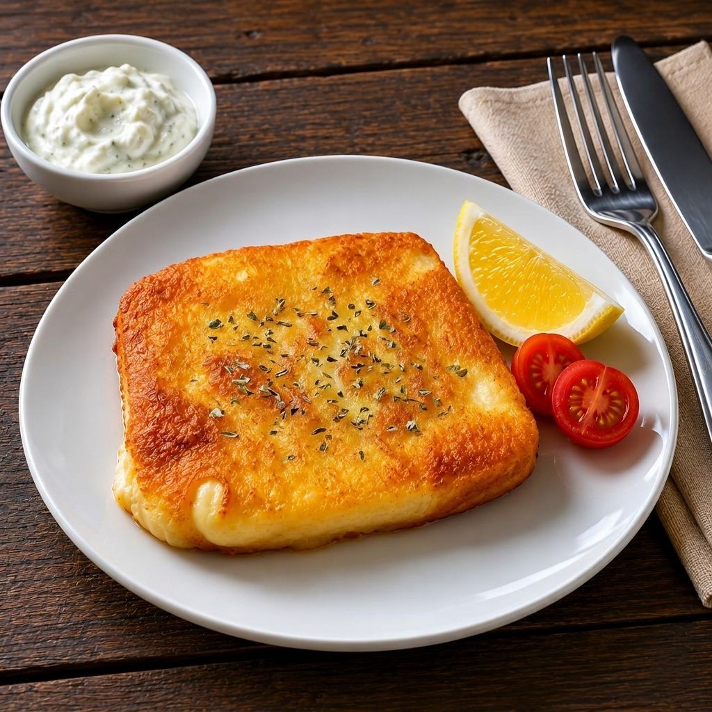 Tradiční řecké saganaki z kefalotyri podávané s citronem na bílém talíři.