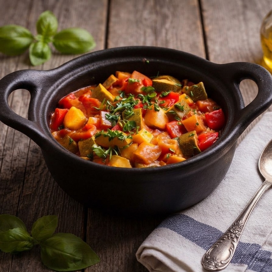 Ratatouille – tradiční francouzský zeleninový pokrm z lilku, cukety, paprik a rajčat.