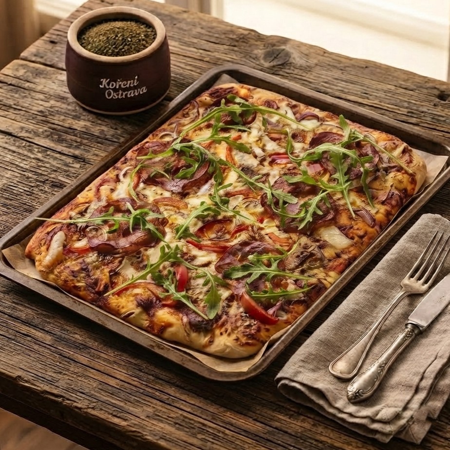 Domácí pizza na plech se salámem, sýrem, paprikou, cibulí a čerstvou rukolou.