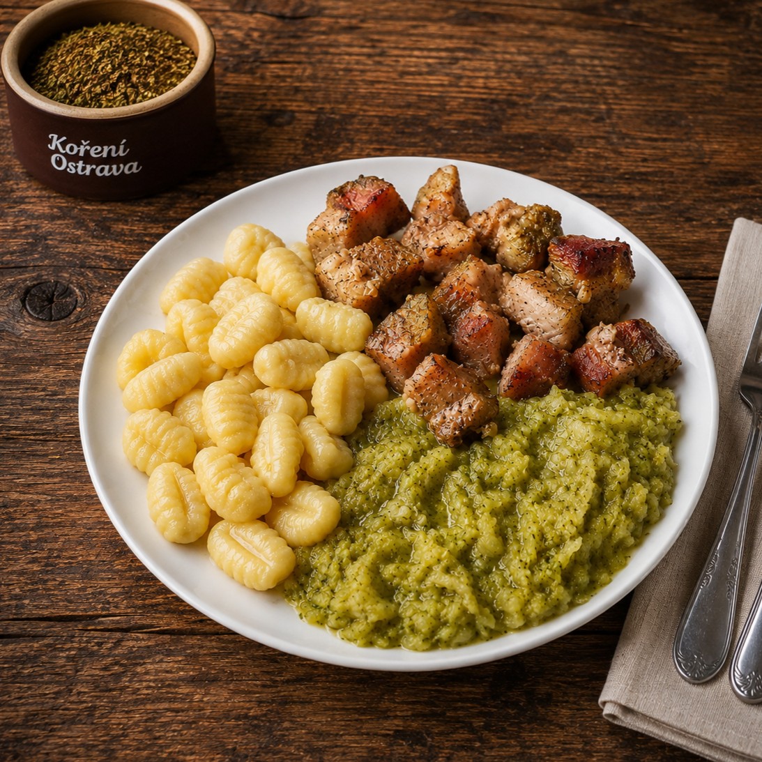 Vepřové výpečky z bůčku s cuketovým zelím a vařenými gnocchi na bílém talíři