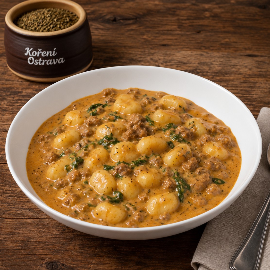 Krémové gnocchi s mletým masem a špenátem v jemné smetanové omáčce