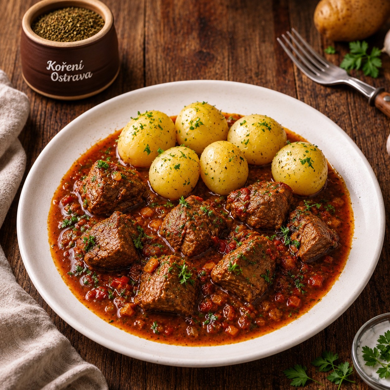 Vepřové dušené na paprice s bramborami inspirované tradičním carne de cabra z Kanárských ostrovů.