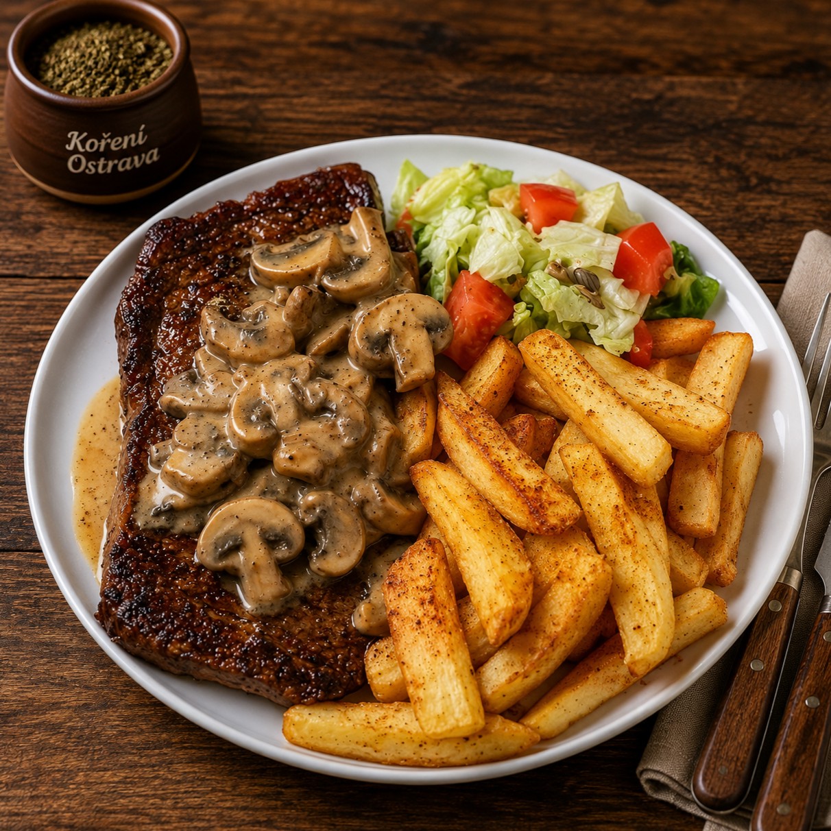 Steak z vepřové krkovice se smetanovými žampiony, steakovými hranolky a zeleninovým salátem