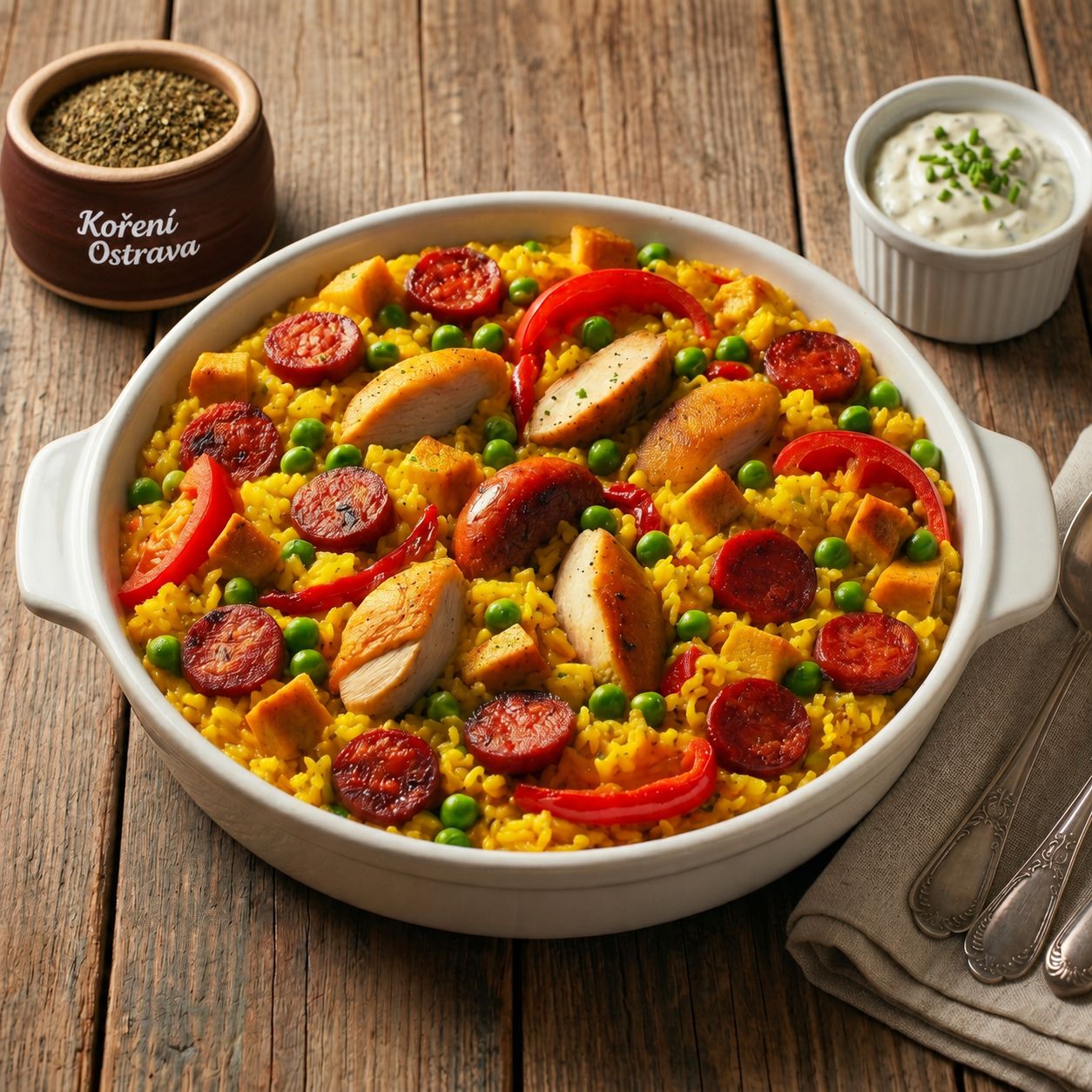 Jidlo Kuřecí paella v bílé zapékací misce na tmavem rustikálním stole.