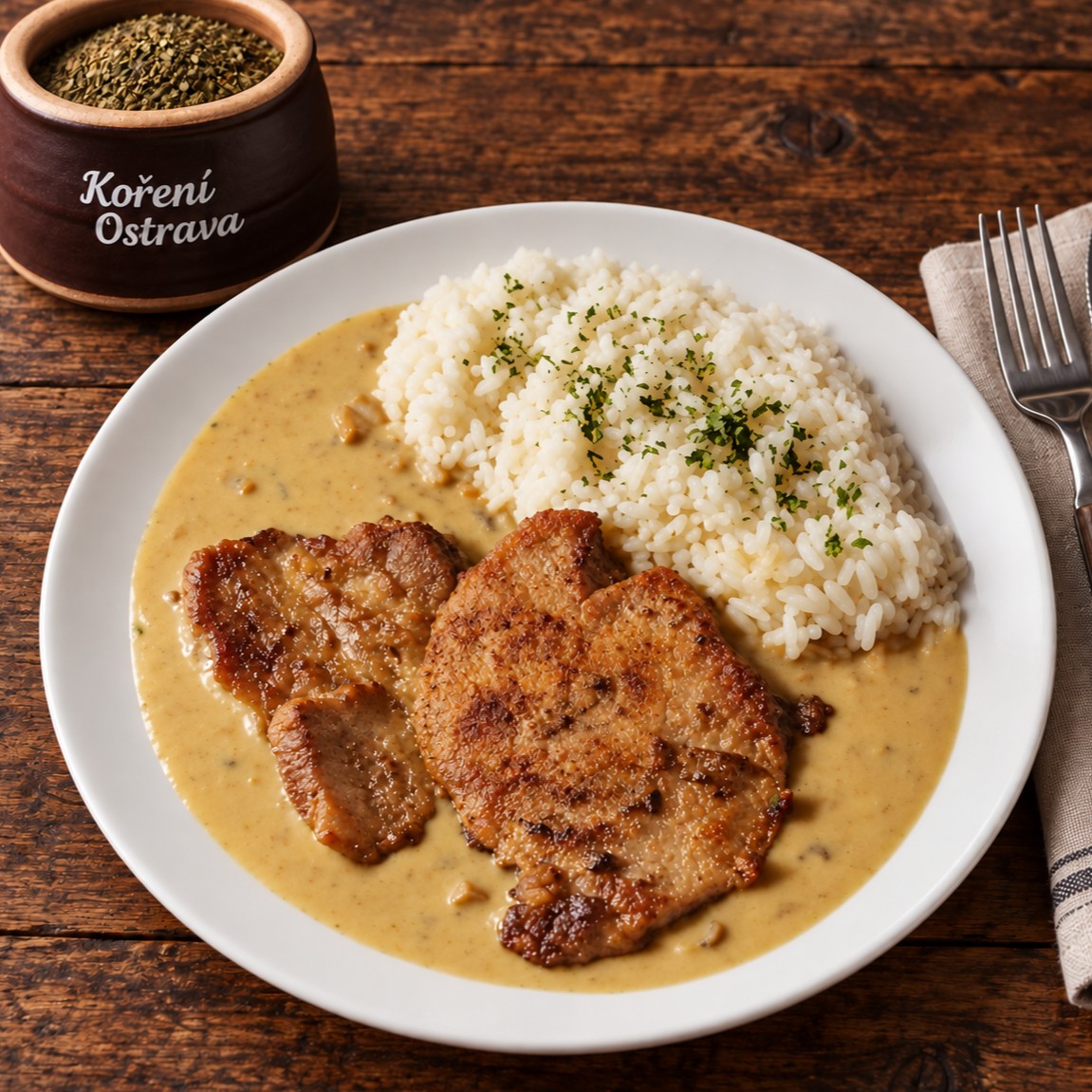 Vepřová krkovice Garam Masala ve smetanové omáčce s kořenovou zeleninou, houbami a rýží