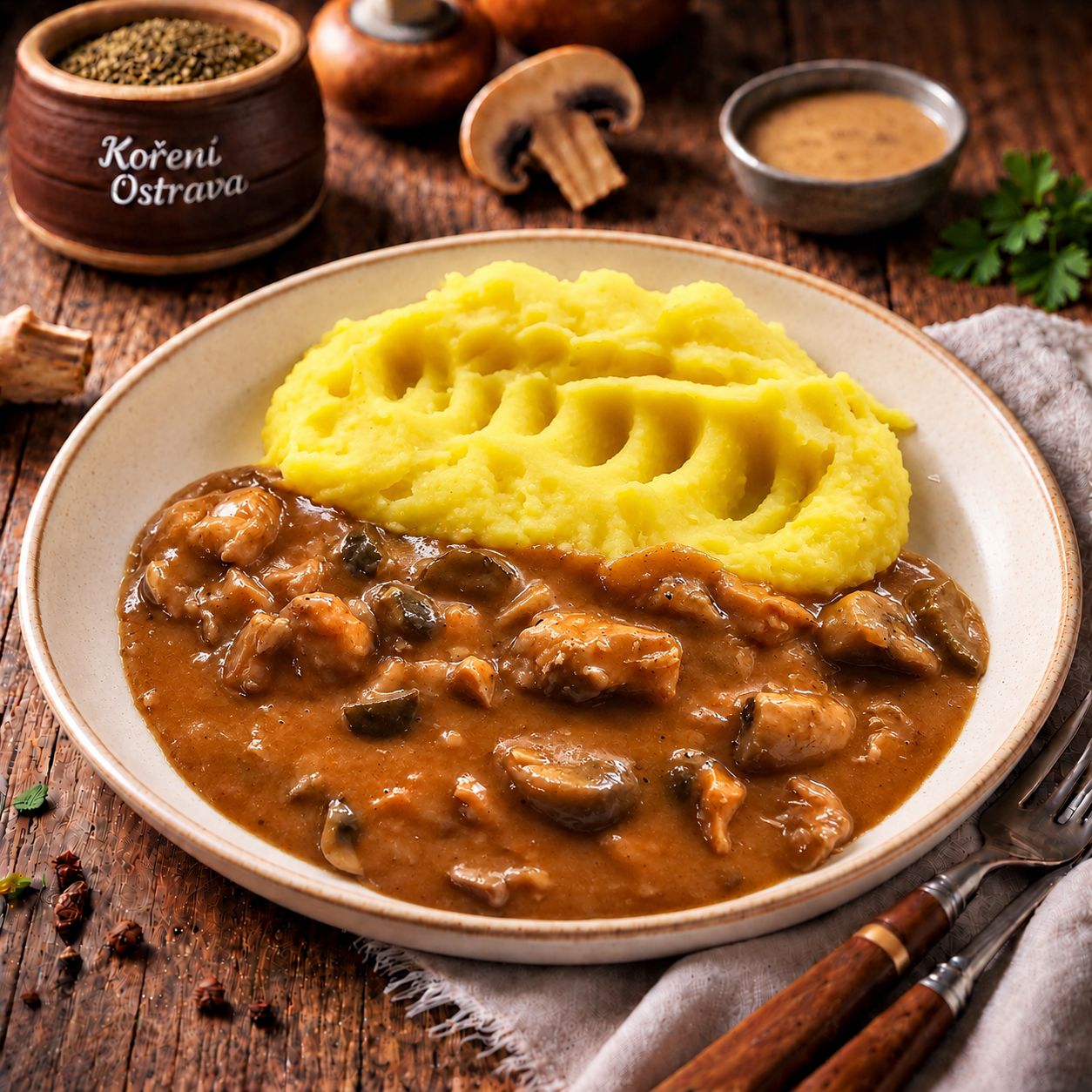 Stroganoff kuřecí s bramborovou kaší