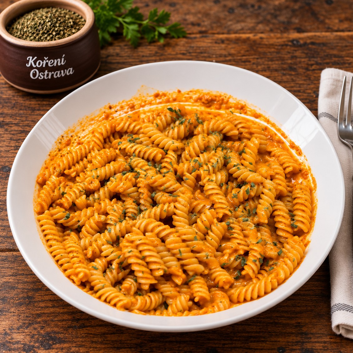 Krémové těstoviny Fusilli v jemné rajčatovo-sýrové omáčce s parmazánem, posypané petrželkou.