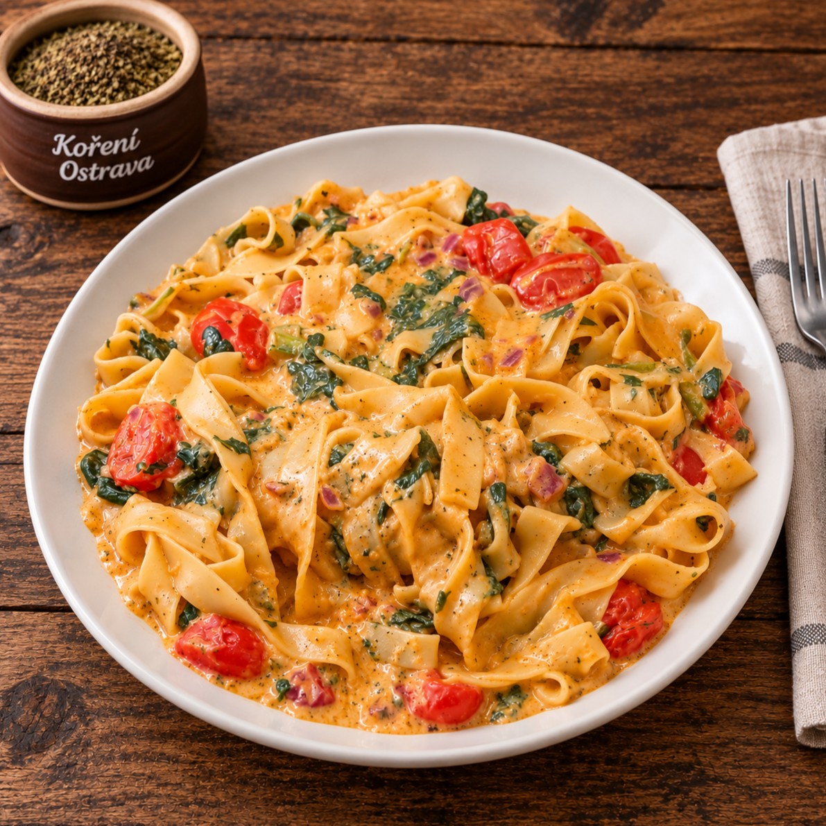 Krémové tagliatelle z jedné pánve se špenátem, cherry rajčaty a smetanovou omáčkou na bílém talíři