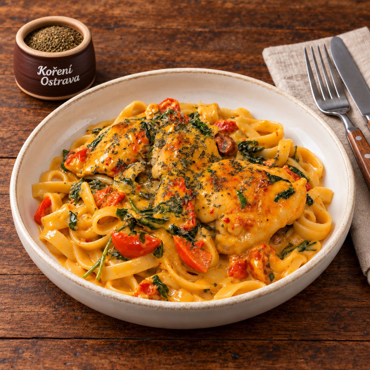 Toskánské kuře se špenátem, cherry rajčaty a krémovými tagliatelle na bílém talíři.